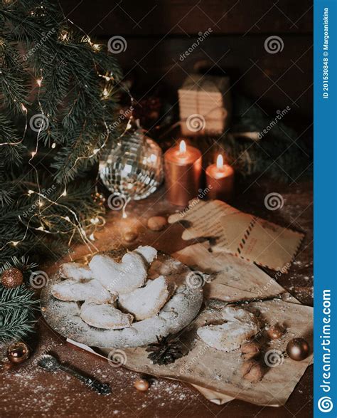 Christmas Cookies In Powdered Sugar Lie On A Vintage Iron Plate Stock