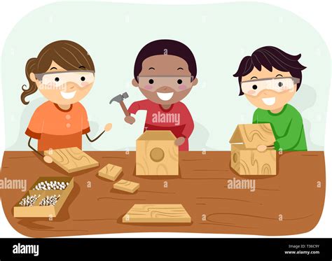 Illustration Of Stickman Kids Wearing Gloves Making A Bird House At A