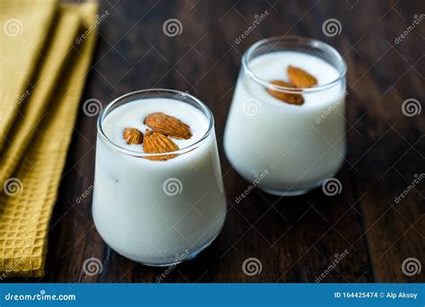 Almond Milk Smoothie Shake Milkshake In Glass Cup Stock Photo Image