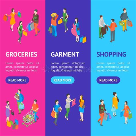 Shopping People 3d Banner Horizontal Set Isometric View Vector Stock