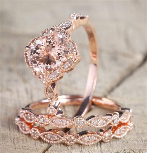 2 Carat Morganite And Diamond Trio Wedding Bridal Ring Set In 10k Rose Gold With One Engagement