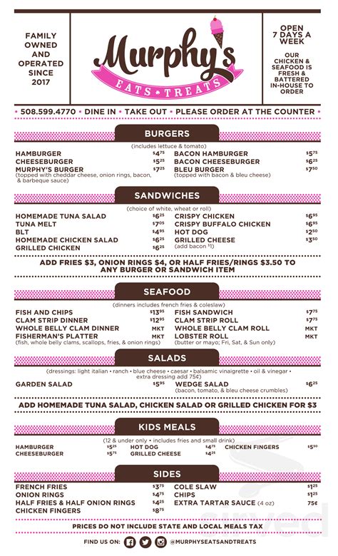 Menu for Murphy's Eats & Treats in Ashland, MA | Sirved