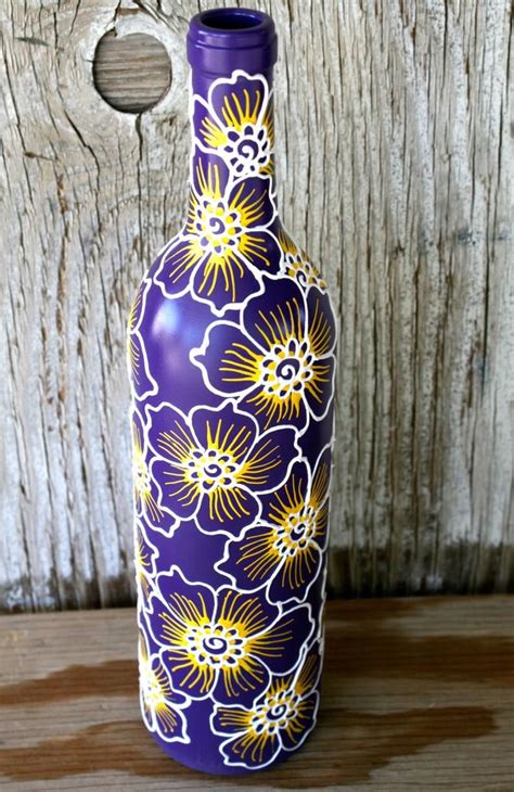 Painted Wine Bottle Vase Up Cycled Purple White And Yellow Bold Wildflower Design Hand