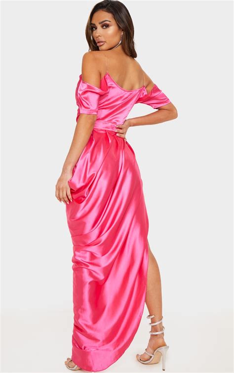 Hot Pink Satin Hem Maxi Dress Prettylittlething Qa