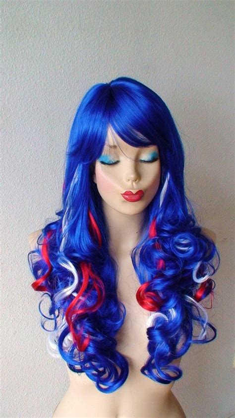 Women kids buy online & pick up in stores all delivery options same day delivery include out of stock black blue gold green multicolored orange pink purple red white over the shoulder halter racerback slimming and. Blue wig. Blue/ White/ Red hair wig. Long curly hair by ...