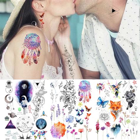 big watercolor tattoo stickers women arm flash dreamcatcher temporary tattoo couple lover tribal
