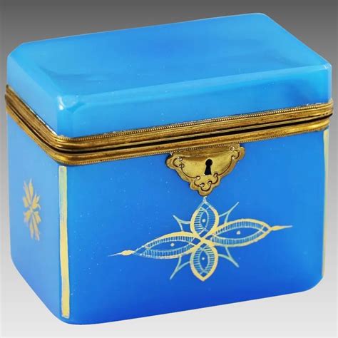 French Brilliant Blue Opaline Crystal Glass Trinket Box Casket Hinged