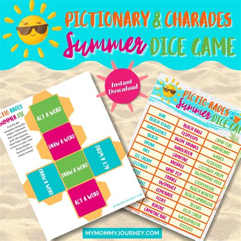 Summer Pictionary Charades Dice Game Summer Dice Game Pictionary