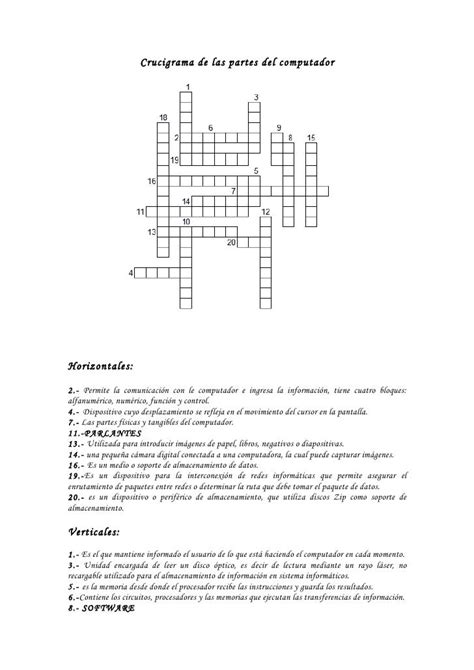 Crucigrama Partes Del Computador