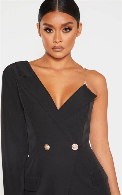black asymmetric one shoulder blazer dress prettylittlething il