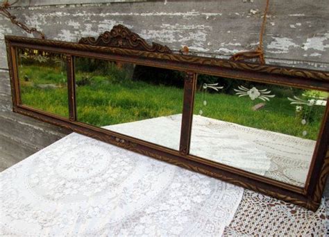 Antique 3 Panel Etched Wood Floral Mirror Mantle Mirror Victorian