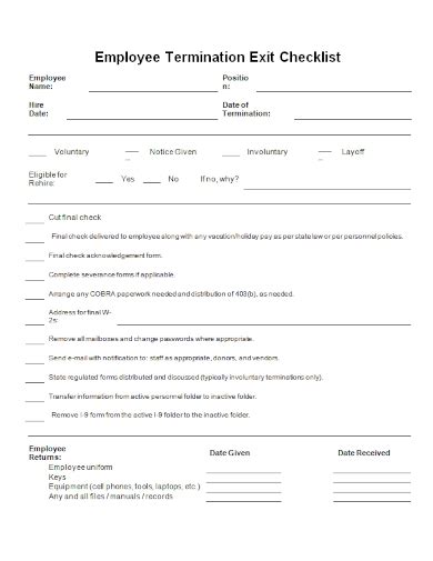 Free Employee Termination Checklist Samples Exit Meeting Security
