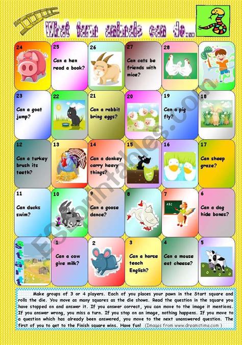 What Farm Animals Can Do Snakes And Ladders Boardgame Esl Worksheet