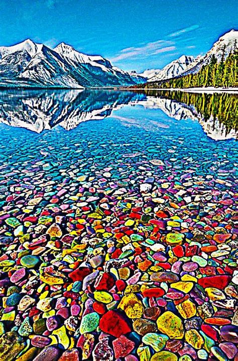 Colorful Pebble Shore Lake In Glacier National Park Montana Pics Pebble