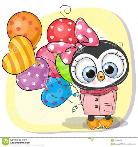 Illustration About Greeting Card Cute Cartoon Penguin Girl With Balloon
