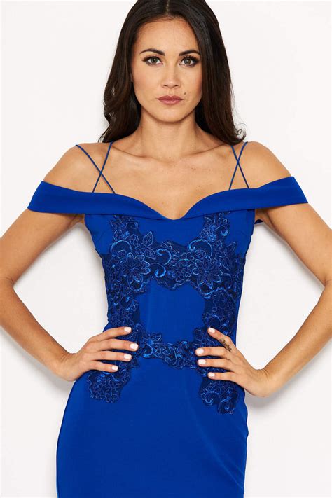 Blue Off The Shoulder Lace Midi Dress With Delicate Straps Ax Paris Eu