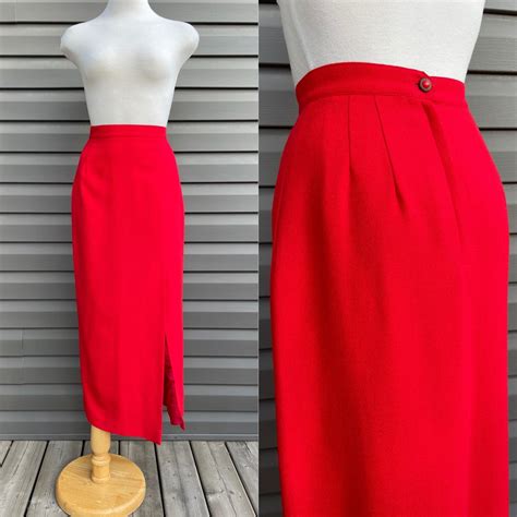 vintage red skirt with slit fitted tailored long wool skirt etsy