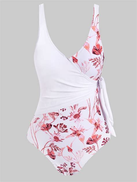 Off Flower Print Backless Plunging One Piece Swimsuit Rosegal