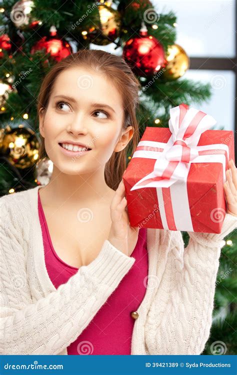 Happy Woman With T Box And Christmas Tree Stock Image Image Of Holiday Expression 39421389