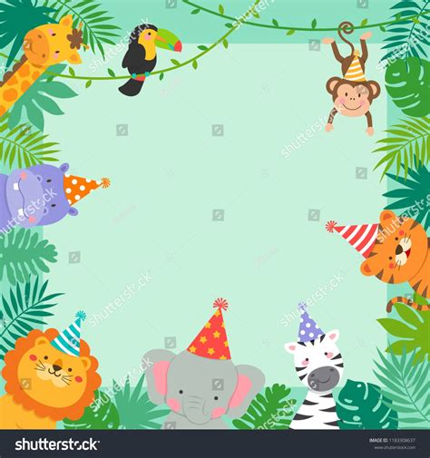 Frame Border Of Cute Jungle Animals Cartoon And Tropical Leaves For