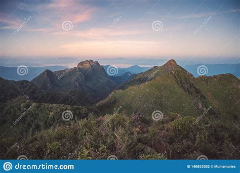 Landscape Of Mountain Range In Wildlife Sanctuary At Sunset Stock Photo