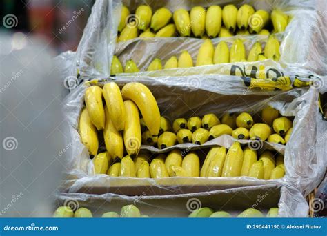 Bananas In The Boxes In The Supermarket Healthy Food Shopping Concept