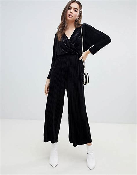 Monki Velvet Wrap Front Jumpsuit In Black Stripe Asos