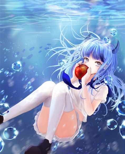 Papel De Parede Anime Meninas Anime Roupa íntima Cabelo Longo Chifres Cabelo Azul Maçãs