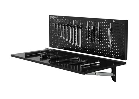 Husky 43 Inch Folding Steel Workbench With Pegboard Back Wall In Black
