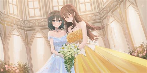 anime anime girls original characters wedding dress weddings two women artwork digital art fan