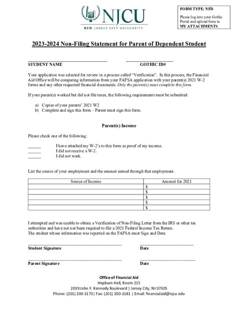 Fillable Online Non Filing Statement For Parent Of Dependent