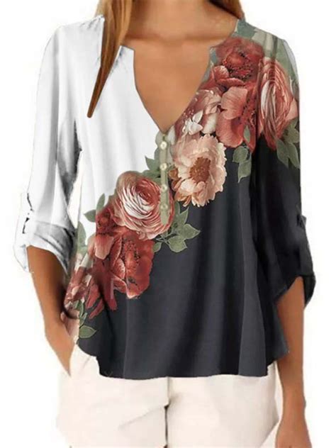 Womens Floral Plus Size Chiffon Shirt Color Block Tops Long Sleeve