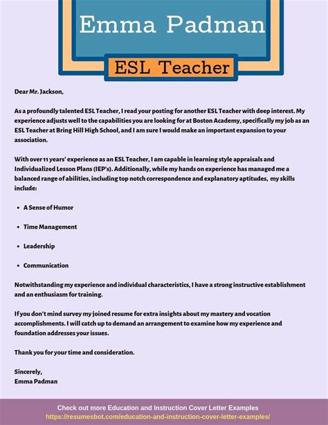 Esl Teacher Cover Letter Samples And Templates Pdfword 2024 Rb