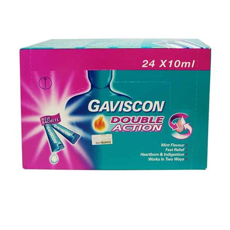 2) enters the stomach and interacts with its contents, forming a protective barrier (raft), which prevents the occurrence of heartburn. Gaviscon Double Action (sachet) 10ml 24s - Alpro Pharmacy
