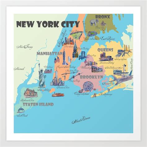 New York City Fine Art Print Retro Vintage Favorite Map With Touristic
