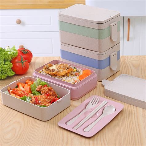 3 Layers Rectangle Lunch Box Microwave Heated Food Container Eco