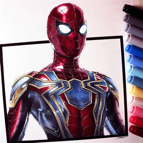 A Drawing Of Spider Man Is Shown In Front Of Colored Crayon Pencils