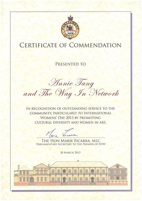 Certificate Of Commendation From Nsw Parliament For Recognition Of
