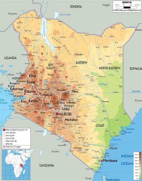 Large Physical Map Of Kenya With Roads Cities And Airports Kenya