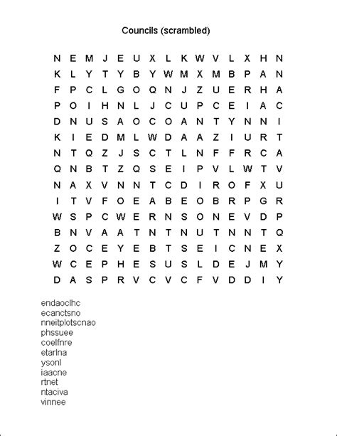 Can you unscramble the message? Word Search: Councils (scrambled)