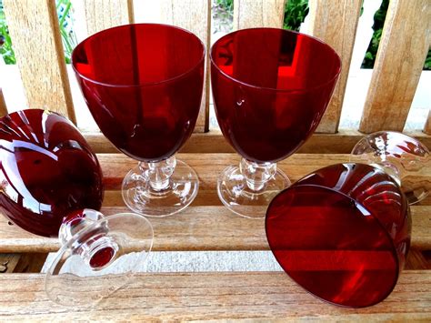 Vintage Ruby Red Crystal Goblets With Clear Stems Red Goblets Etsy