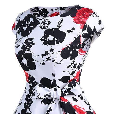 50s Rockabilly Style White Floral Print Vintage Swing Dress With Bowknot On Luulla
