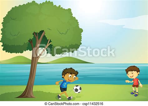 Illustration Of Kids Playing Football In A Beautiful Nature Canstock