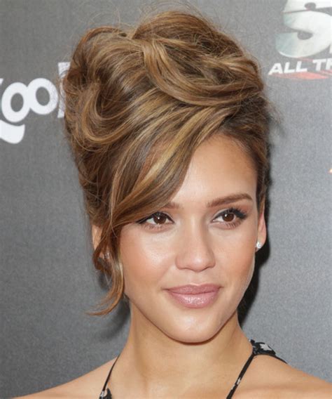 Jessica Alba Long Curly Brunette Updo Hairstyle With Side Swept Bangs