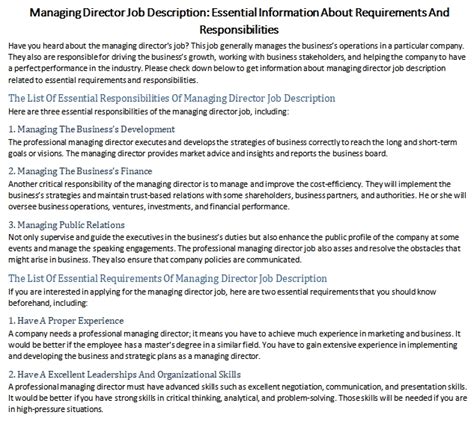 Managing Director Job Description Essential Information About