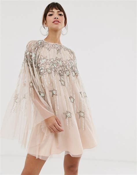 Asos Design Cape Mini Dress In Linear And Floral Pearl And Sequin