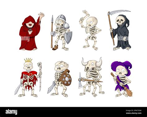 Vector Halloween Set With Cute Creepy Skeletons Hand Drawn Cartoon Characters Stock Vector