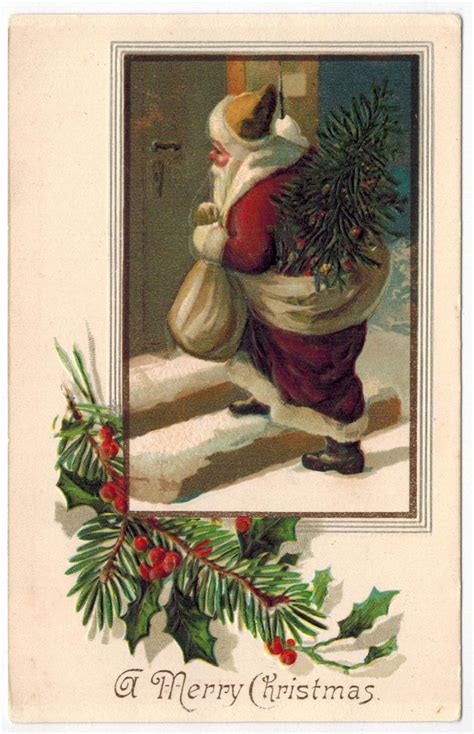 Old Embossed Christmas Card Santa Claus At The Door Uk 1910s 2