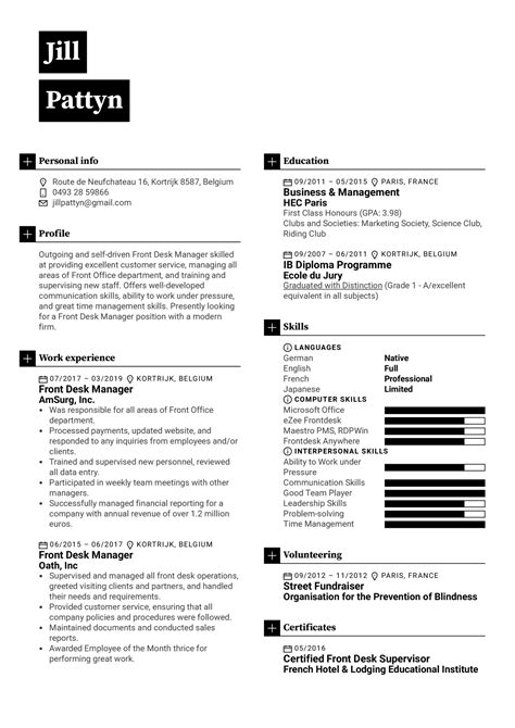 Motivated and organized individual seeking an office manager position with abc company in order to support team members and expand clientele using professional communication. Front Desk Manager Resume Sample | Kickresume