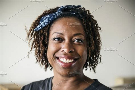 Portrait Of Cheerful Black Woman Featuring African American African